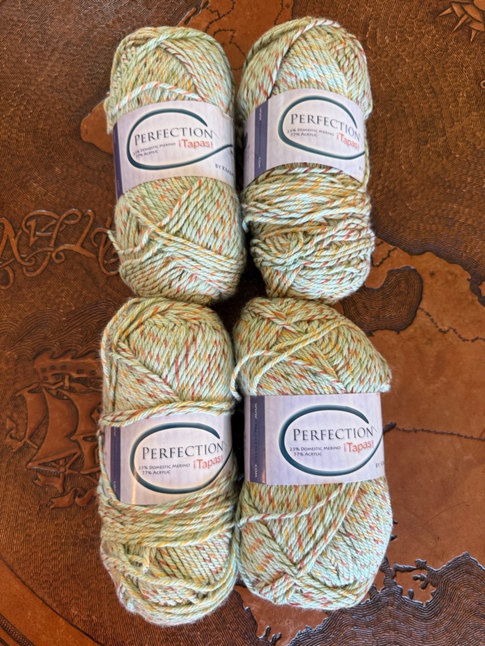Kraemer Perfection Tapas Pastel Green Tweed Yarn, 4 Skeins. Merino/Acrylic blend
